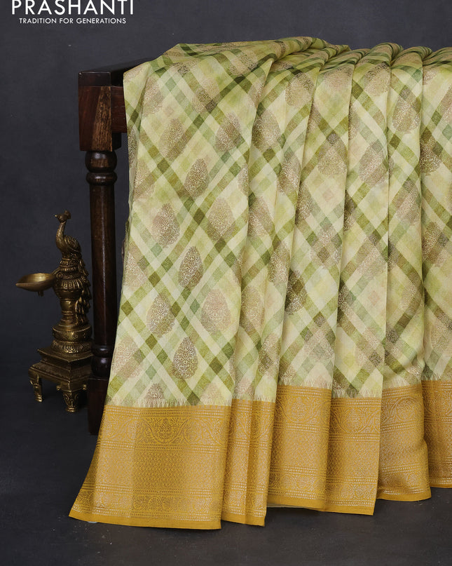 Chiniya silk saree cream green and mustard yellow with zari buttas & digital prints and woven border