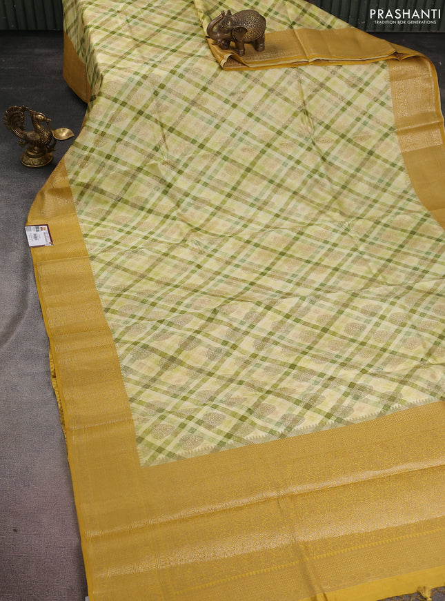 Chiniya silk saree cream green and mustard yellow with zari buttas & digital prints and woven border