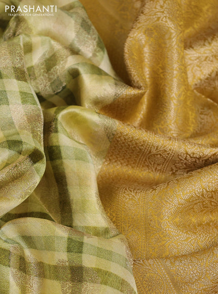 Chiniya silk saree cream green and mustard yellow with zari buttas & digital prints and woven border