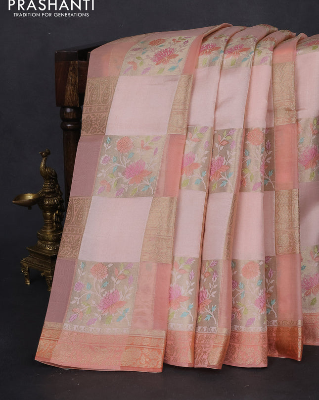 Chiniya silk saree peach orange with allover zari weaves & floral digital prints and zari woven border