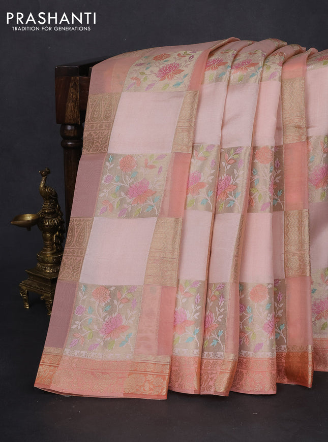 Chiniya silk saree peach orange with allover zari weaves & floral digital prints and zari woven border