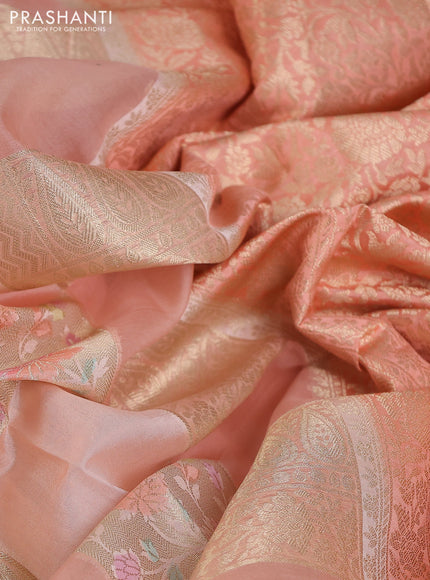 Chiniya silk saree peach orange with allover zari weaves & floral digital prints and zari woven border