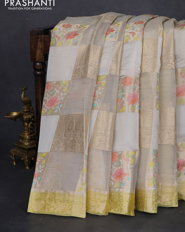 Chiniya silk saree pastel grey and lime yellow with allover zari weaves & floral digital prints and zari woven border