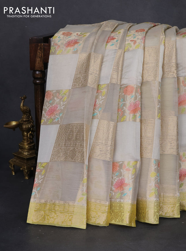 Chiniya silk saree pastel grey and lime yellow with allover zari weaves & floral digital prints and zari woven border