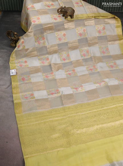 Chiniya silk saree pastel grey and lime yellow with allover zari weaves & floral digital prints and zari woven border