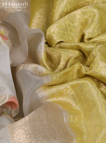 Chiniya silk saree pastel grey and lime yellow with allover zari weaves & floral digital prints and zari woven border