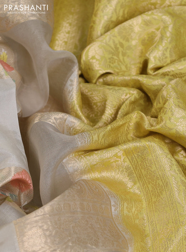 Chiniya silk saree pastel grey and lime yellow with allover zari weaves & floral digital prints and zari woven border