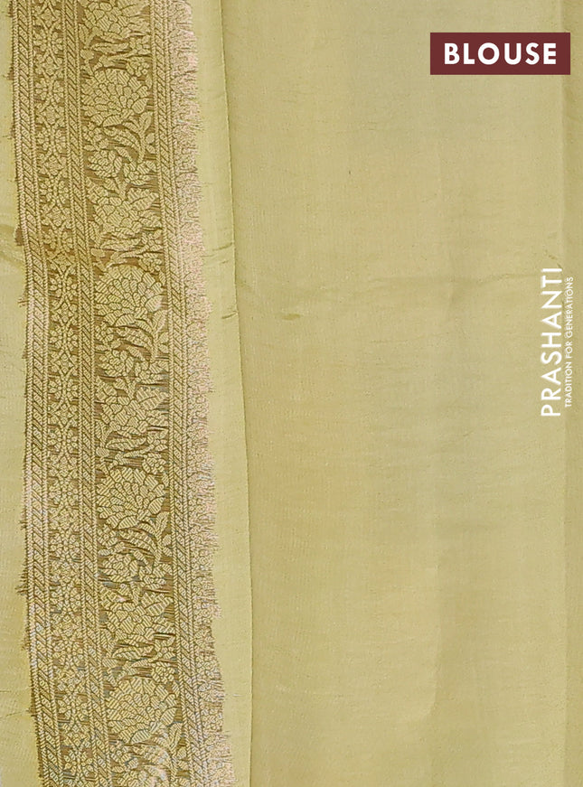 Chiniya silk saree pastel grey and lime yellow with allover zari weaves & floral digital prints and zari woven border