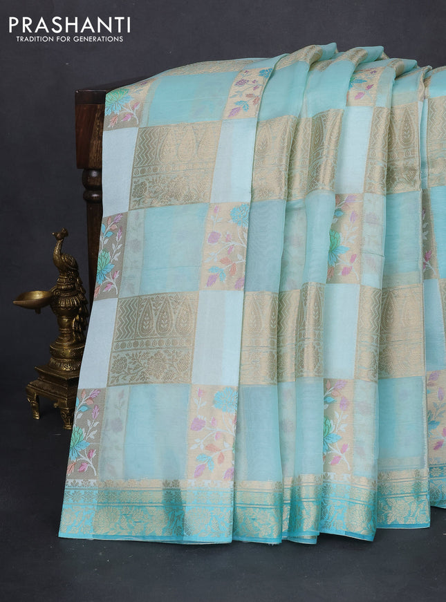 Chiniya silk saree mild teal blue and teal blue with allover zari weaves & floral digital prints and zari woven border