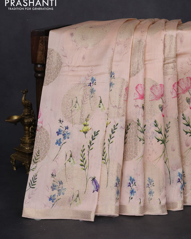 Chiniya silk saree pale orange with allover zari buttas & floral digital prints and woven border