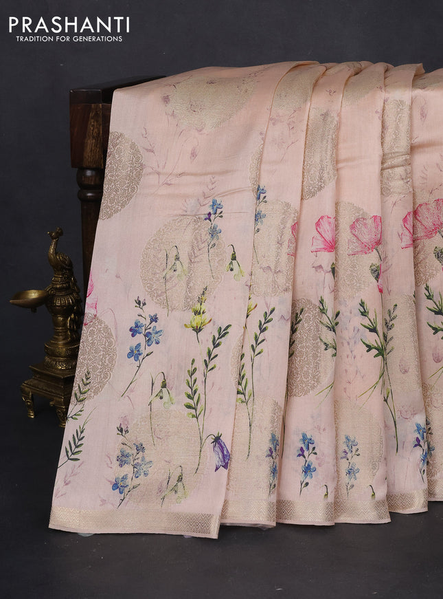 Chiniya silk saree pale orange with allover zari buttas & floral digital prints and woven border