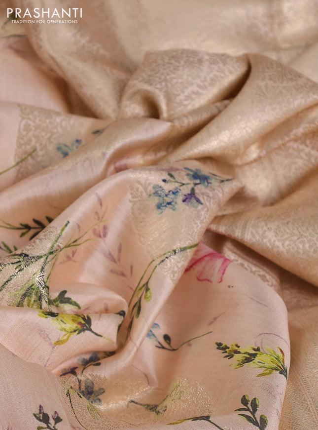 Chiniya silk saree pale orange with allover zari buttas & floral digital prints and woven border