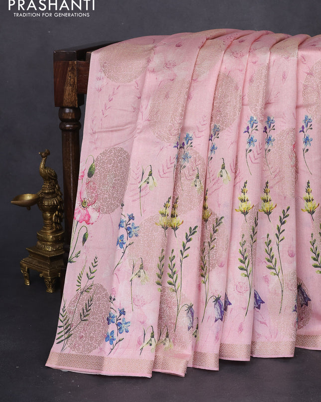 Chiniya silk saree peach pink with allover zari buttas & floral digital prints and woven border