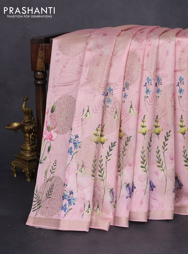 Chiniya silk saree peach pink with allover zari buttas & floral digital prints and woven border