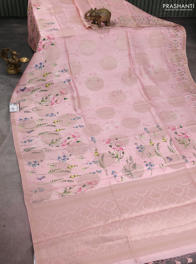 Chiniya silk saree peach pink with allover zari buttas & floral digital prints and woven border