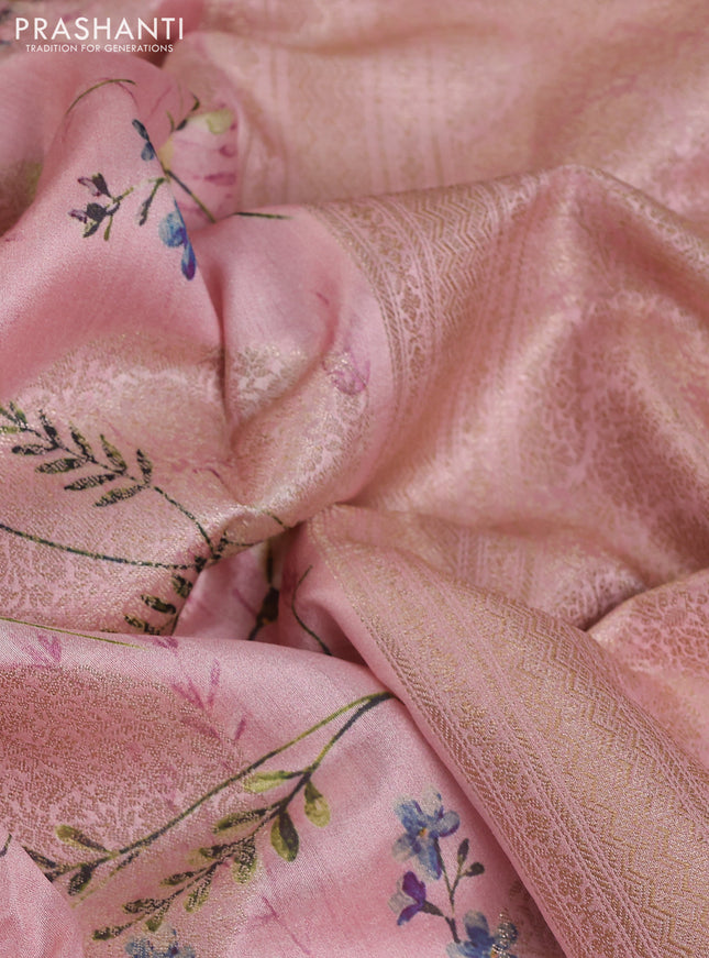 Chiniya silk saree peach pink with allover zari buttas & floral digital prints and woven border