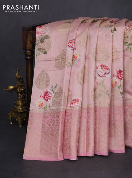Chiniya silk saree pastel pink shade with allover zari buttas & floral digital prints and zari woven border