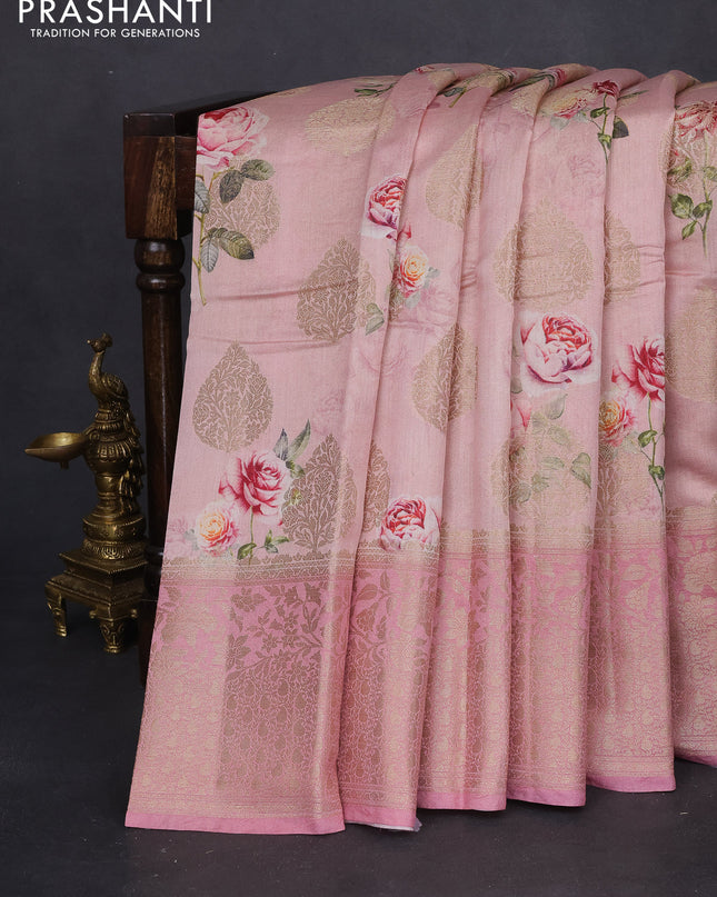 Chiniya silk saree pastel pink shade with allover zari buttas & floral digital prints and zari woven border