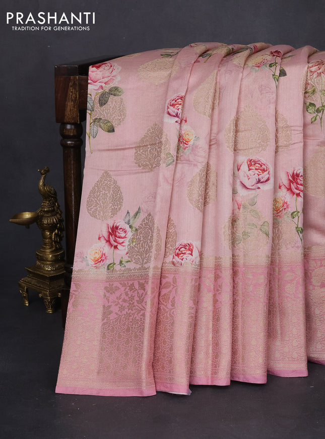 Chiniya silk saree pastel pink shade with allover zari buttas & floral digital prints and zari woven border