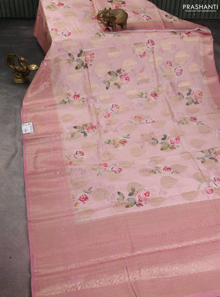 Chiniya silk saree pastel pink shade with allover zari buttas & floral digital prints and zari woven border