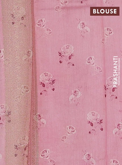 Chiniya silk saree pastel pink shade with allover zari buttas & floral digital prints and zari woven border