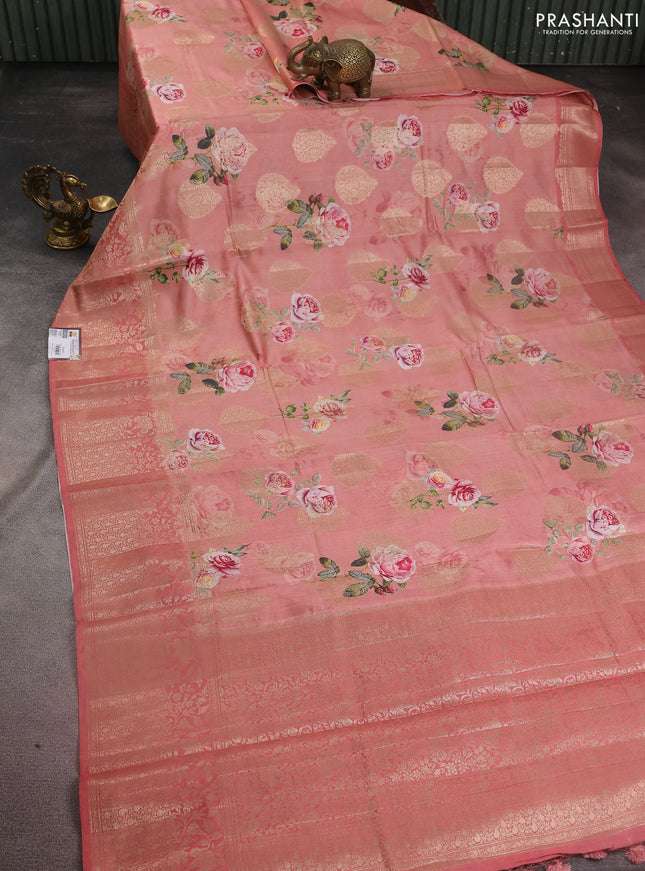Chiniya silk saree dark peach with allover zari buttas & floral digital prints and zari woven border