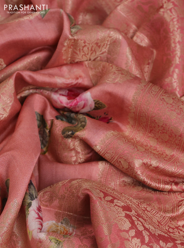 Chiniya silk saree dark peach with allover zari buttas & floral digital prints and zari woven border