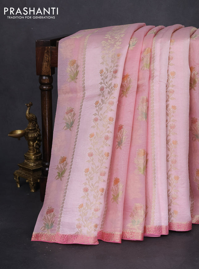 Chiniya silk saree mild peach pink and peach pink with allover zari weaves & floral digital prints and zari woven border