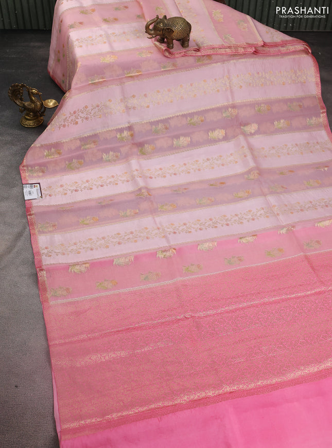 Chiniya silk saree mild peach pink and peach pink with allover zari weaves & floral digital prints and zari woven border