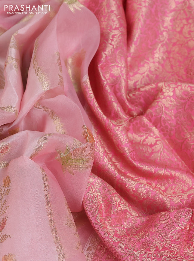 Chiniya silk saree mild peach pink and peach pink with allover zari weaves & floral digital prints and zari woven border