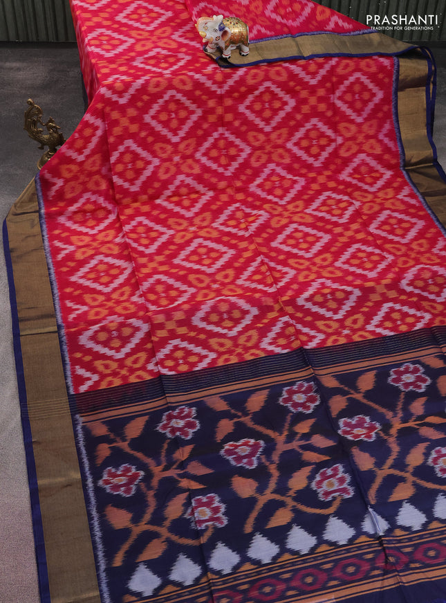 Ikat silk cotton saree deep pink and peacock blue with allover ikat weaves and zari woven border