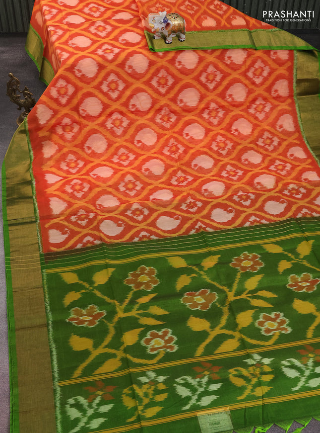 Ikat silk cotton saree orange and light green with allover ikat weaves and zari woven border