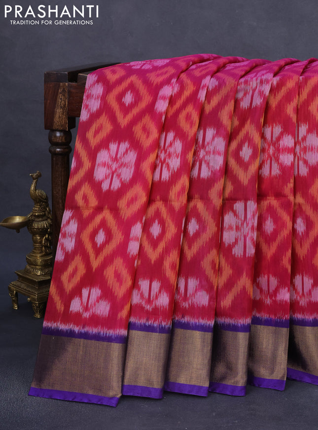Ikat silk cotton saree dark pink and violet with allover ikat weaves and zari woven border