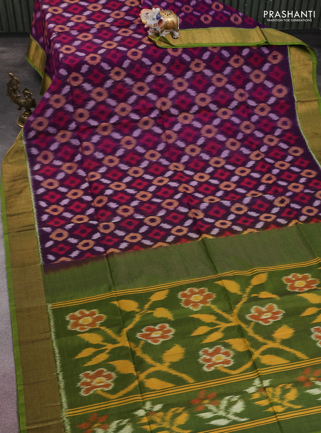 Ikat silk cotton saree violet and green with allover ikat weaves and zari woven border