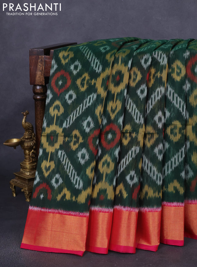 Ikat silk cotton saree green and pink with allover ikat weaves and zari woven border