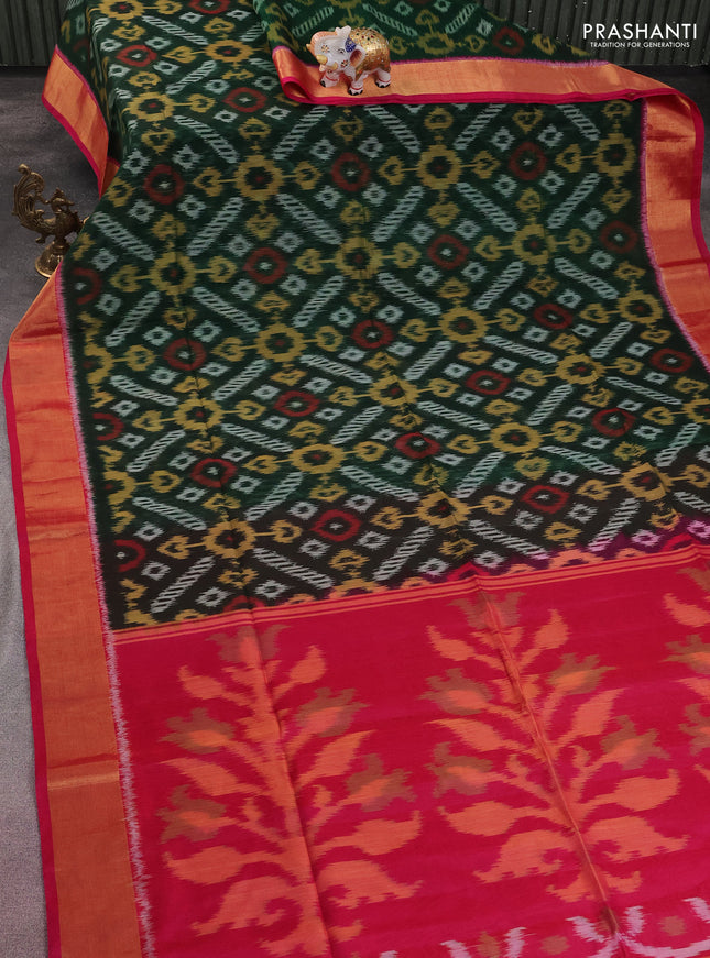 Ikat silk cotton saree green and pink with allover ikat weaves and zari woven border