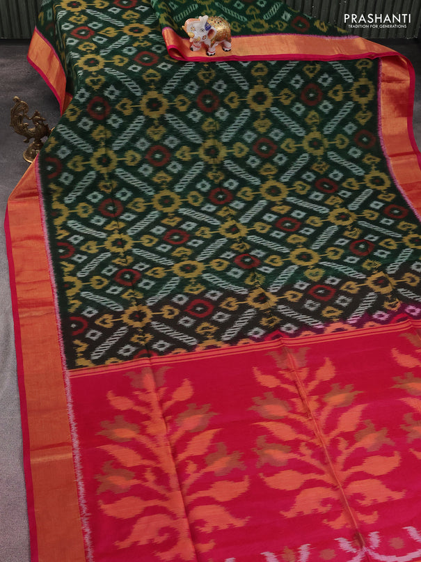 Ikat silk cotton saree green and pink with allover ikat weaves and zari woven border