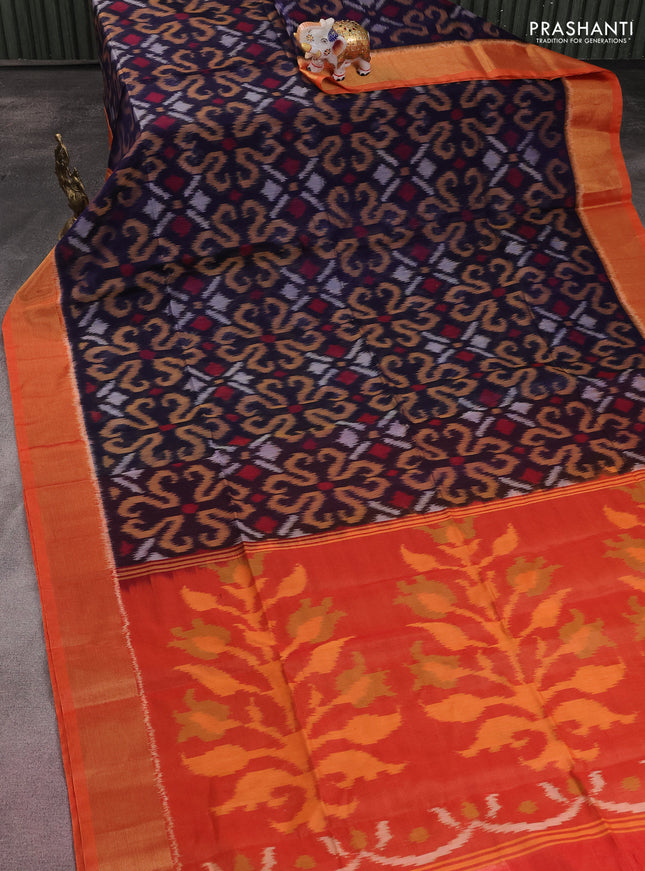 Ikat silk cotton saree navy blue and orange with allover ikat weaves and zari woven border