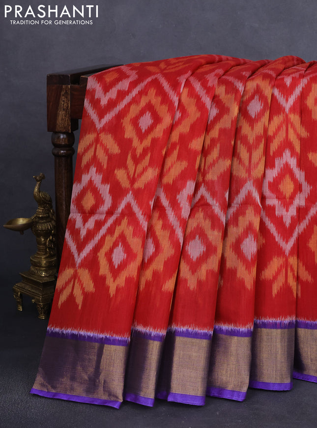 Ikat silk cotton saree maroon and violet with allover ikat weaves and zari woven border