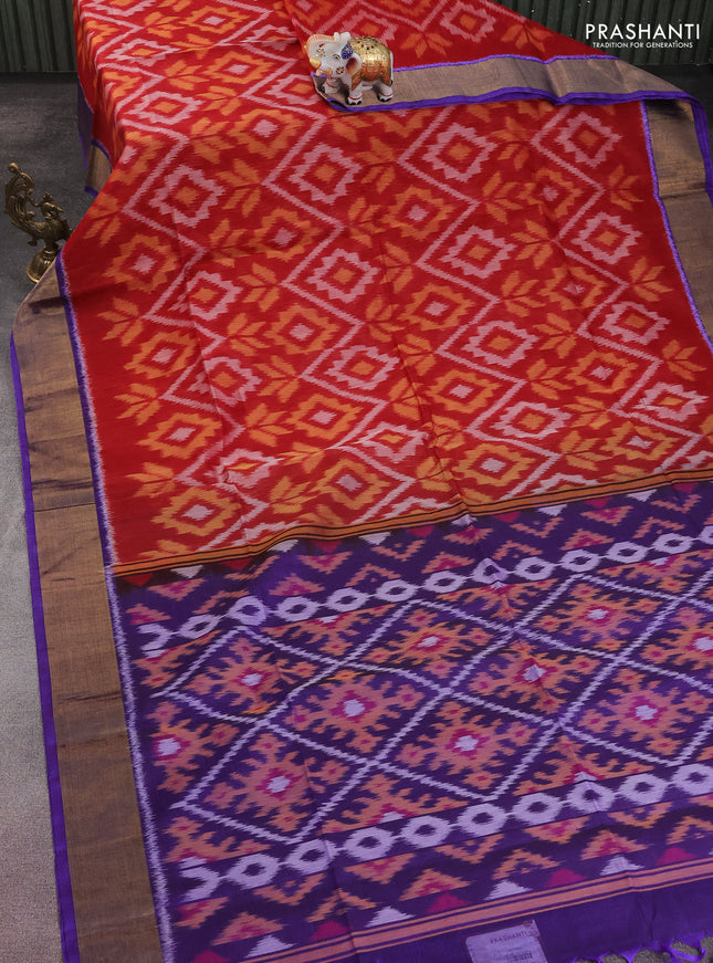 Ikat silk cotton saree maroon and violet with allover ikat weaves and zari woven border