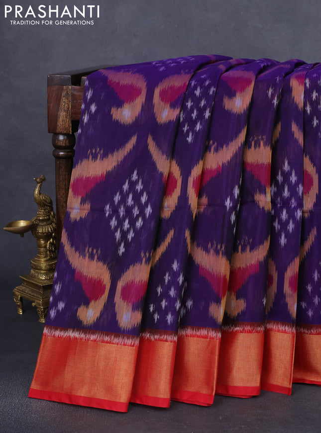 Ikat silk cotton saree violet and red with allover ikat weaves and zari woven border