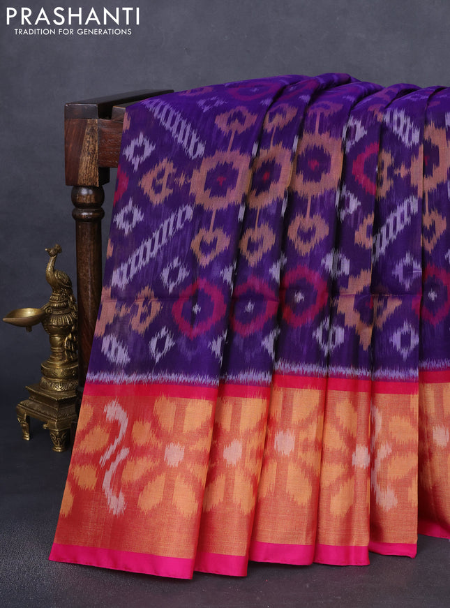 Ikat silk cotton saree violet and pink with allover ikat weaves and long zari woven ikat border