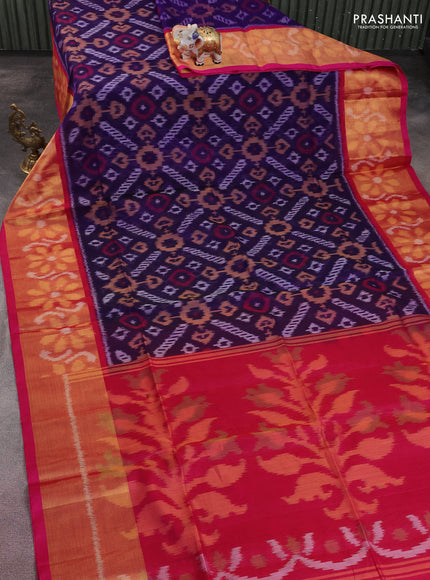 Ikat silk cotton saree violet and pink with allover ikat weaves and long zari woven ikat border