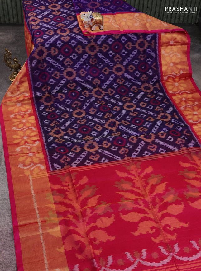 Ikat silk cotton saree violet and pink with allover ikat weaves and long zari woven ikat border