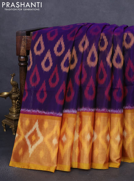 Ikat silk cotton saree violet and mustard yellow with allover ikat weaves and long zari woven ikat border