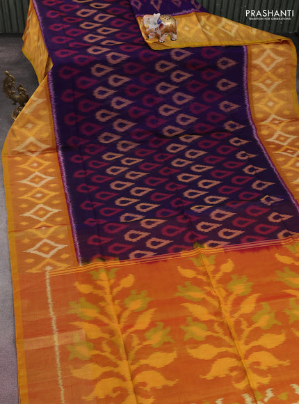 Ikat silk cotton saree violet and mustard yellow with allover ikat weaves and long zari woven ikat border