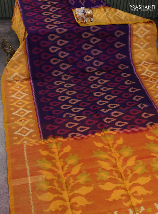 Ikat silk cotton saree violet and mustard yellow with allover ikat weaves and long zari woven ikat border