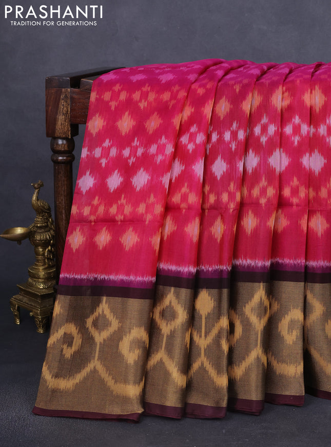 Ikat silk cotton saree coffee brown and pink with allover ikat weaves and long zari woven ikat border