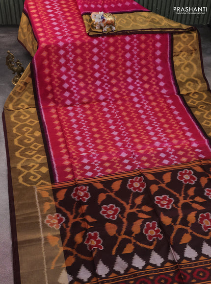 Ikat silk cotton saree coffee brown and pink with allover ikat weaves and long zari woven ikat border