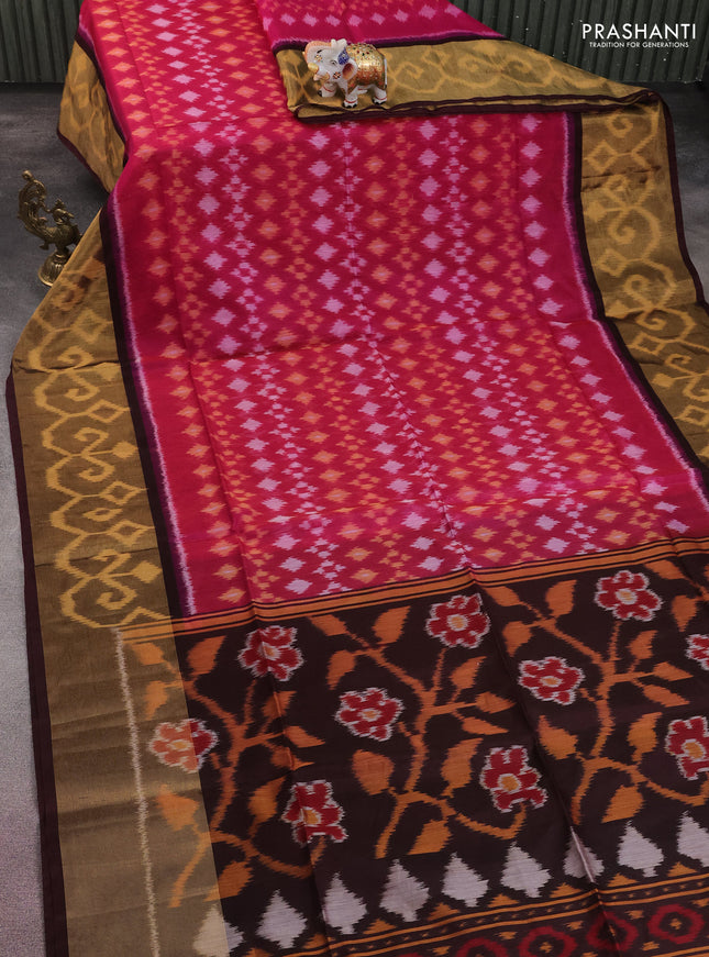Ikat silk cotton saree coffee brown and pink with allover ikat weaves and long zari woven ikat border